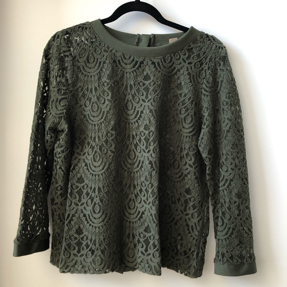 BANANA REPUBLIC OLIVE GREEN LACE 3/4 SLEEVE BLOUSE SIZE LARGE
